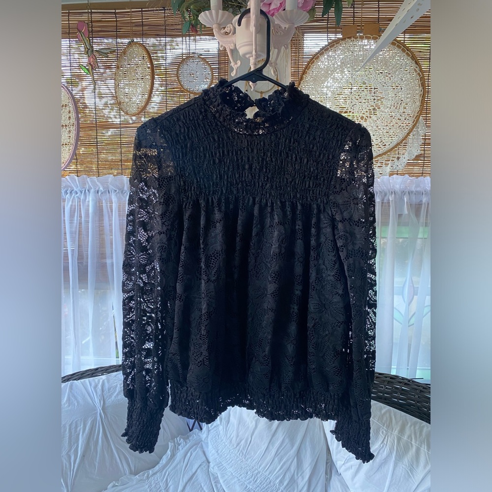 Black Lace Mock Turtleneck Blouse